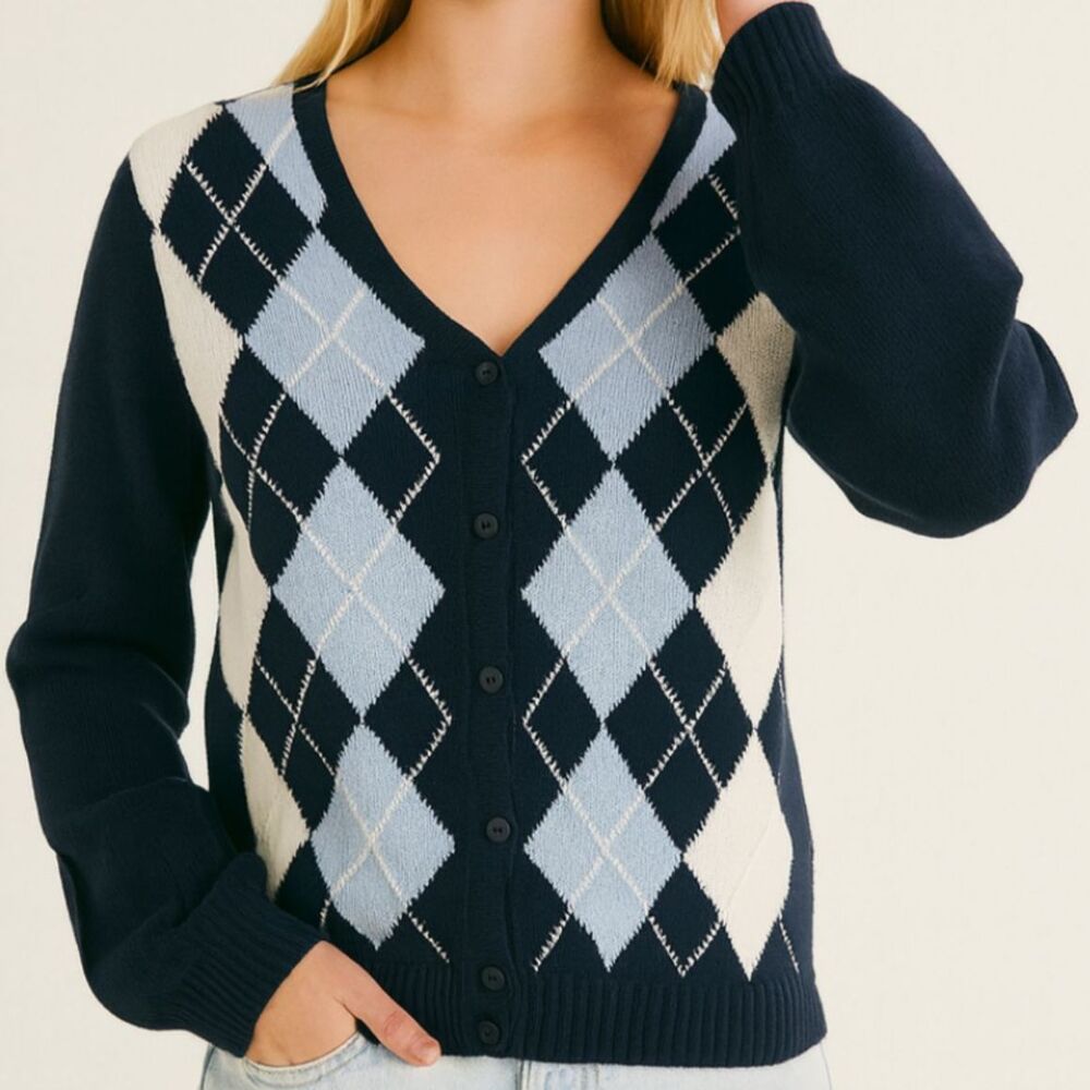 Brandy Mellville Cardigan Women's Size M Blue Argyle Classic Minimalist